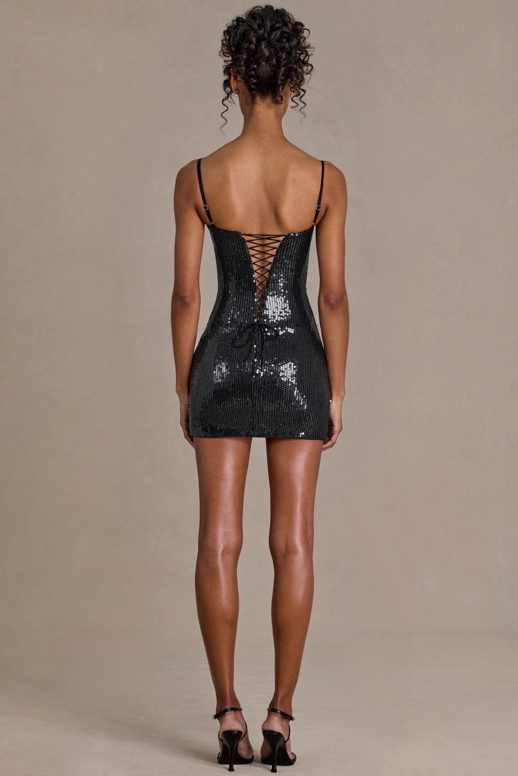 Premium Sequin Lace Corset Mini Dress in Black - Image 3