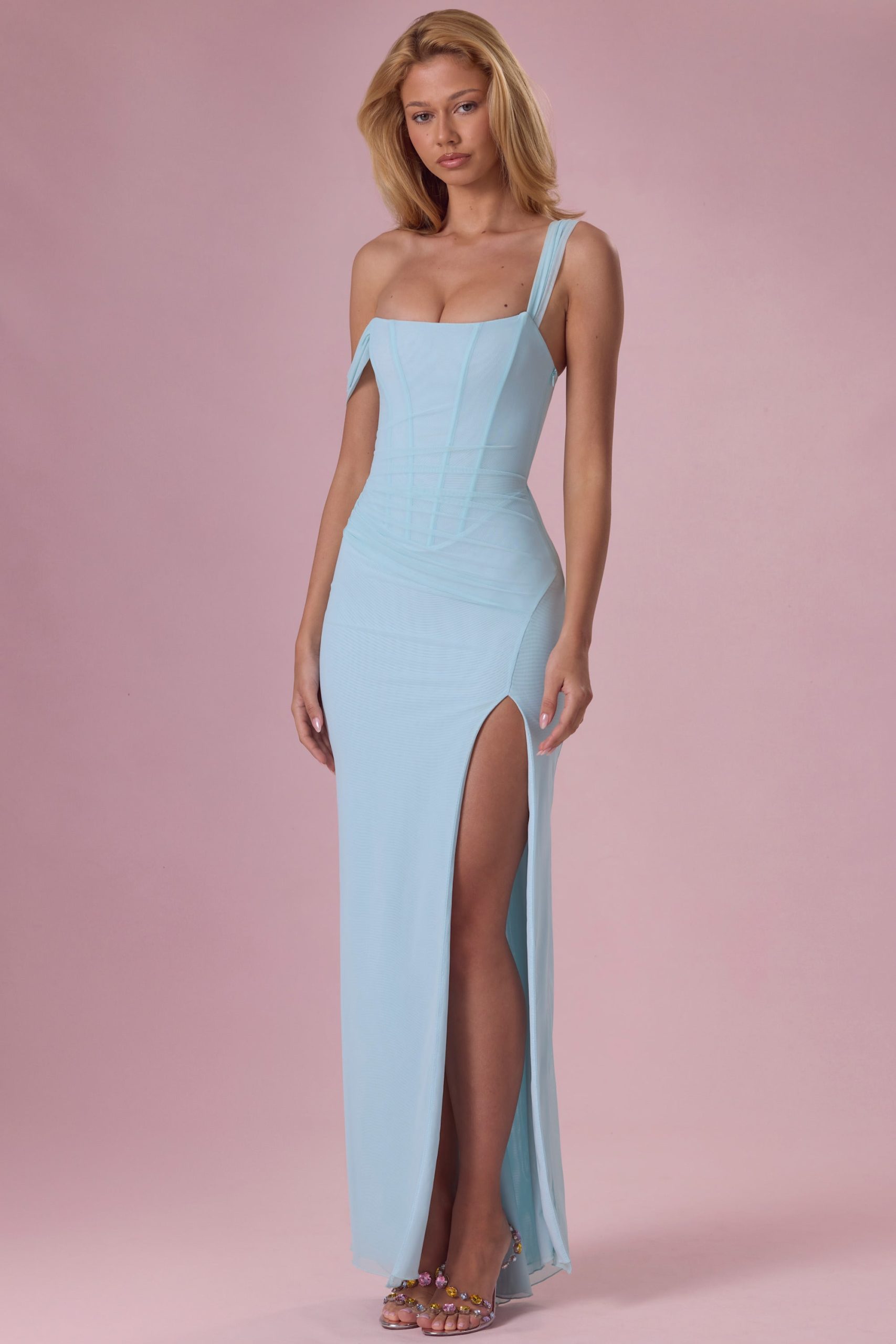 Premium Mesh Draped Corset Gown in Light Aqua - Image 6