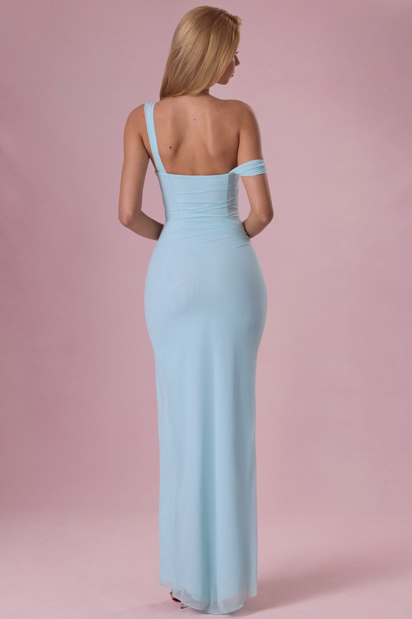 Premium Mesh Draped Corset Gown in Light Aqua - Image 3