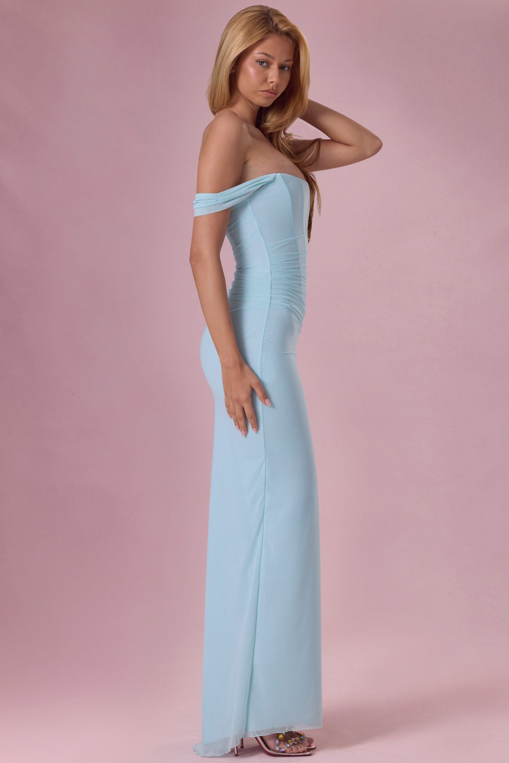 Premium Mesh Draped Corset Gown in Light Aqua - Image 5