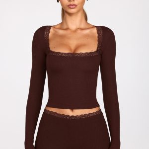 Ribbed Modal Square-Neck Long-Sleeve Top in Chocolate Brown