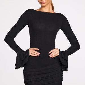 Ribbed Modal Long-Sleeve Draped Mini Dress in Black