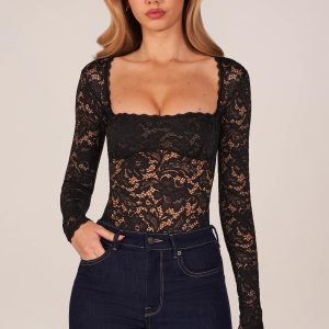 Long-Sleeve Laced Bodysuit in Black