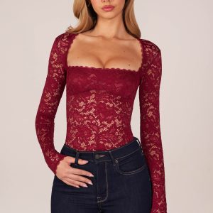 Long-Sleeve Laced Bodysuit in Cherry Red