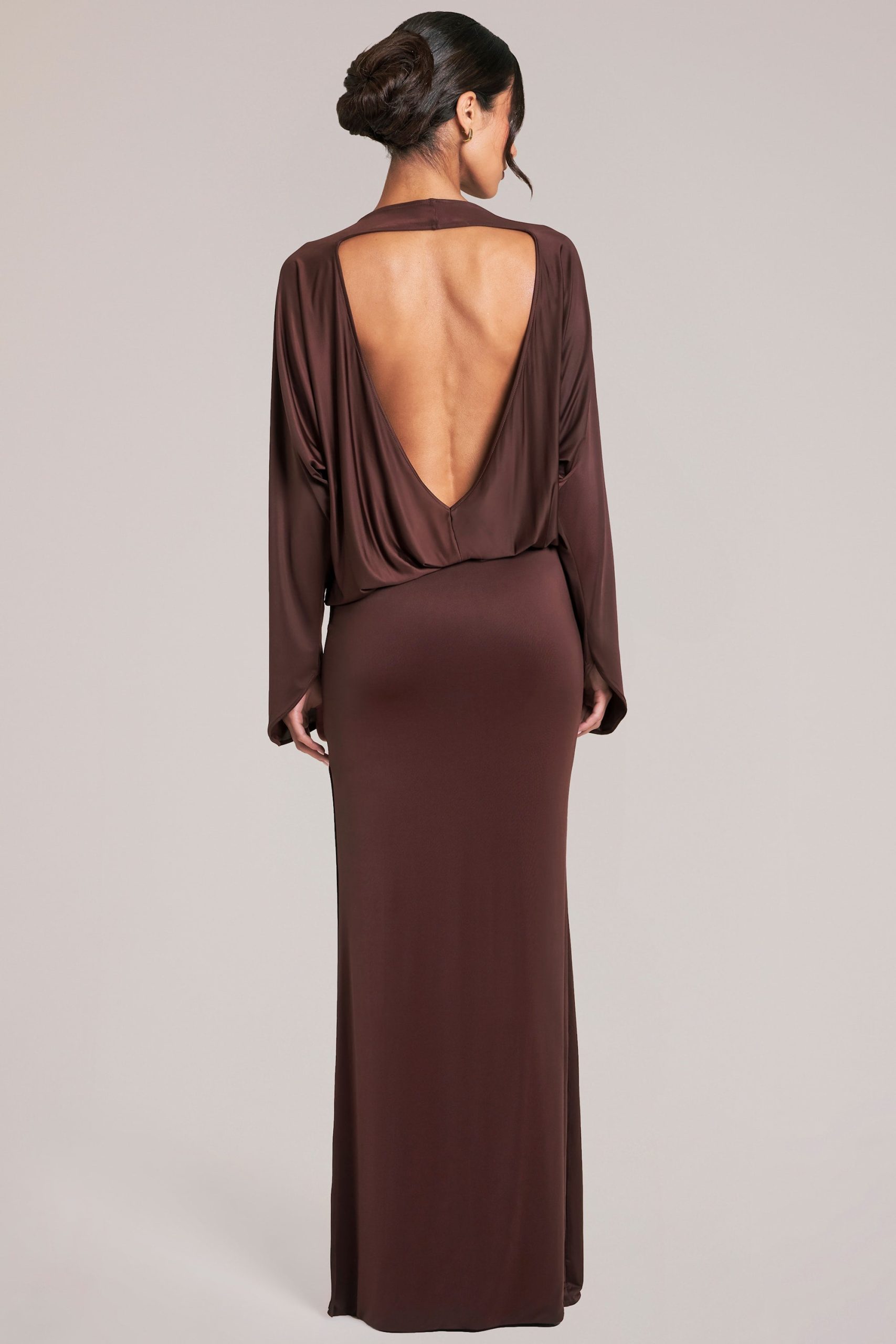 Long-Sleeve Draped Maxi Dress in Chocolate Brown - Image 4