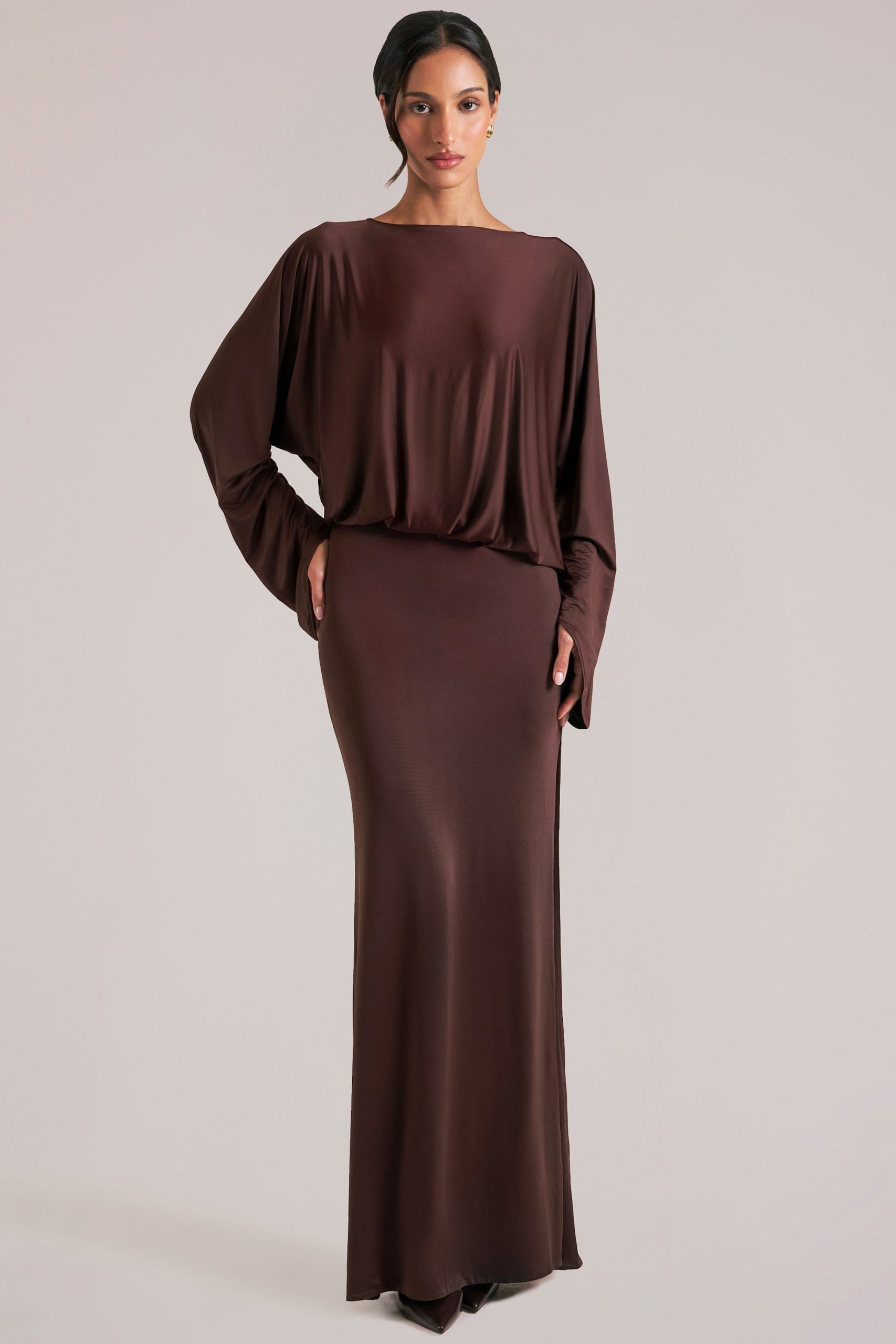 Long-Sleeve Draped Maxi Dress in Chocolate Brown - Image 5