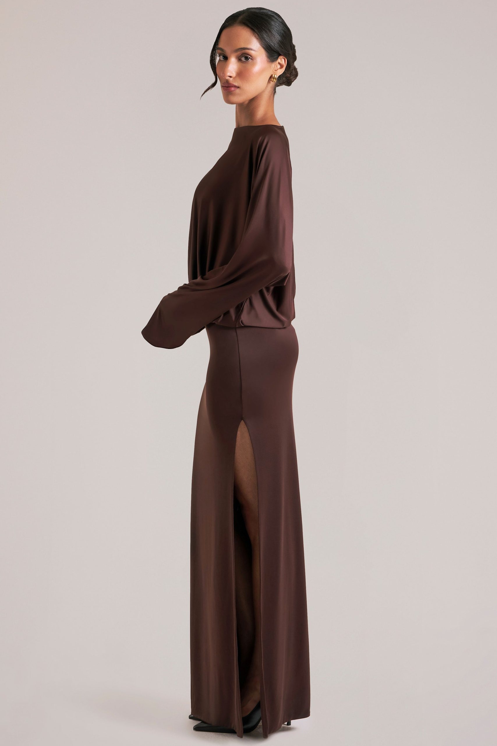 Long-Sleeve Draped Maxi Dress in Chocolate Brown - Image 8