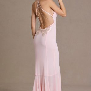Chiffon Cowl-Neck Open-Back Gown in Baby Pink