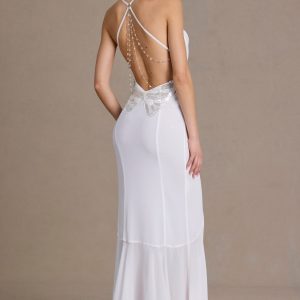 Chiffon Cowl-Neck Open-Back Gown in White