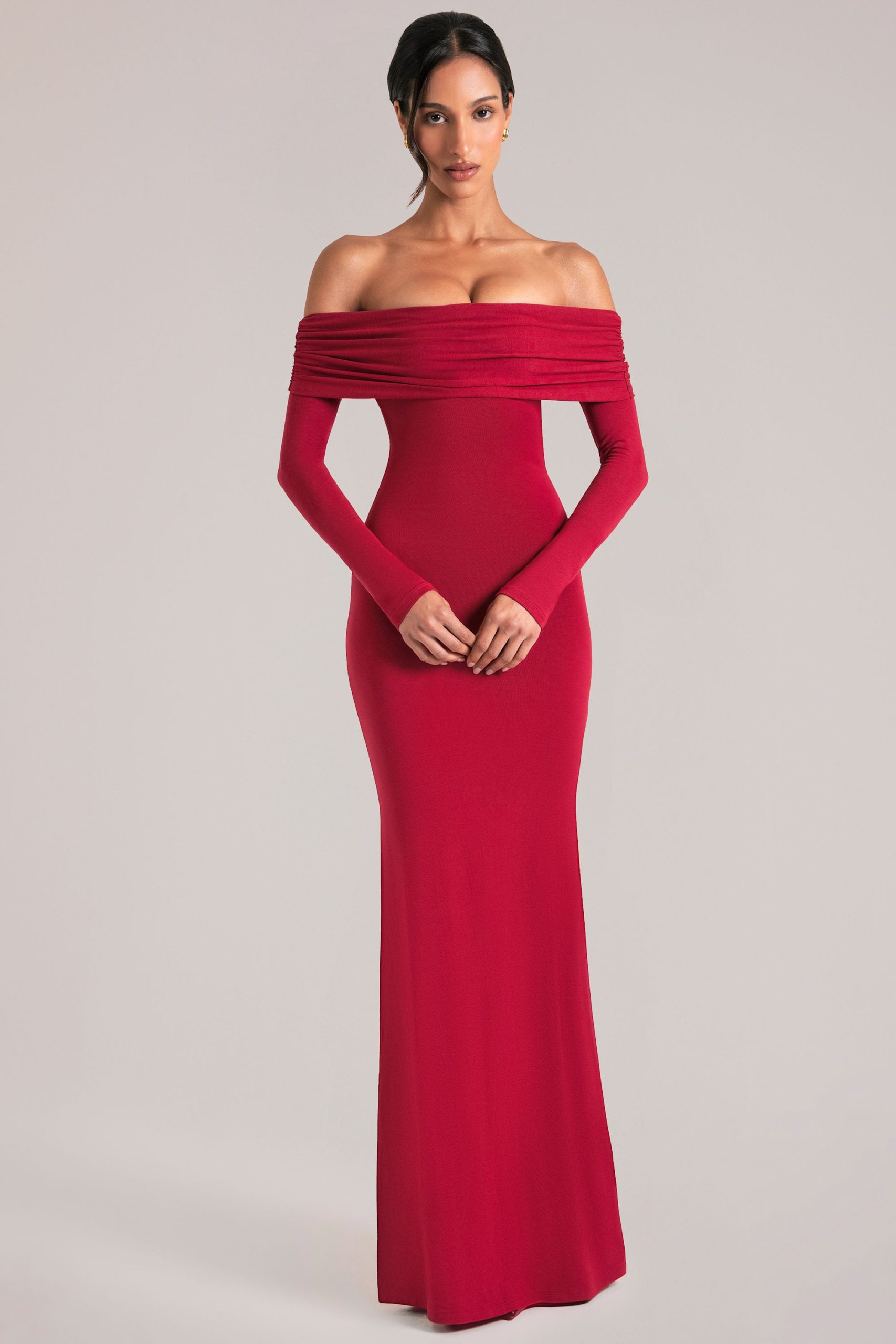 Off-Shoulder Long-Sleeve Maxi Dress in Cherry Red - Image 8