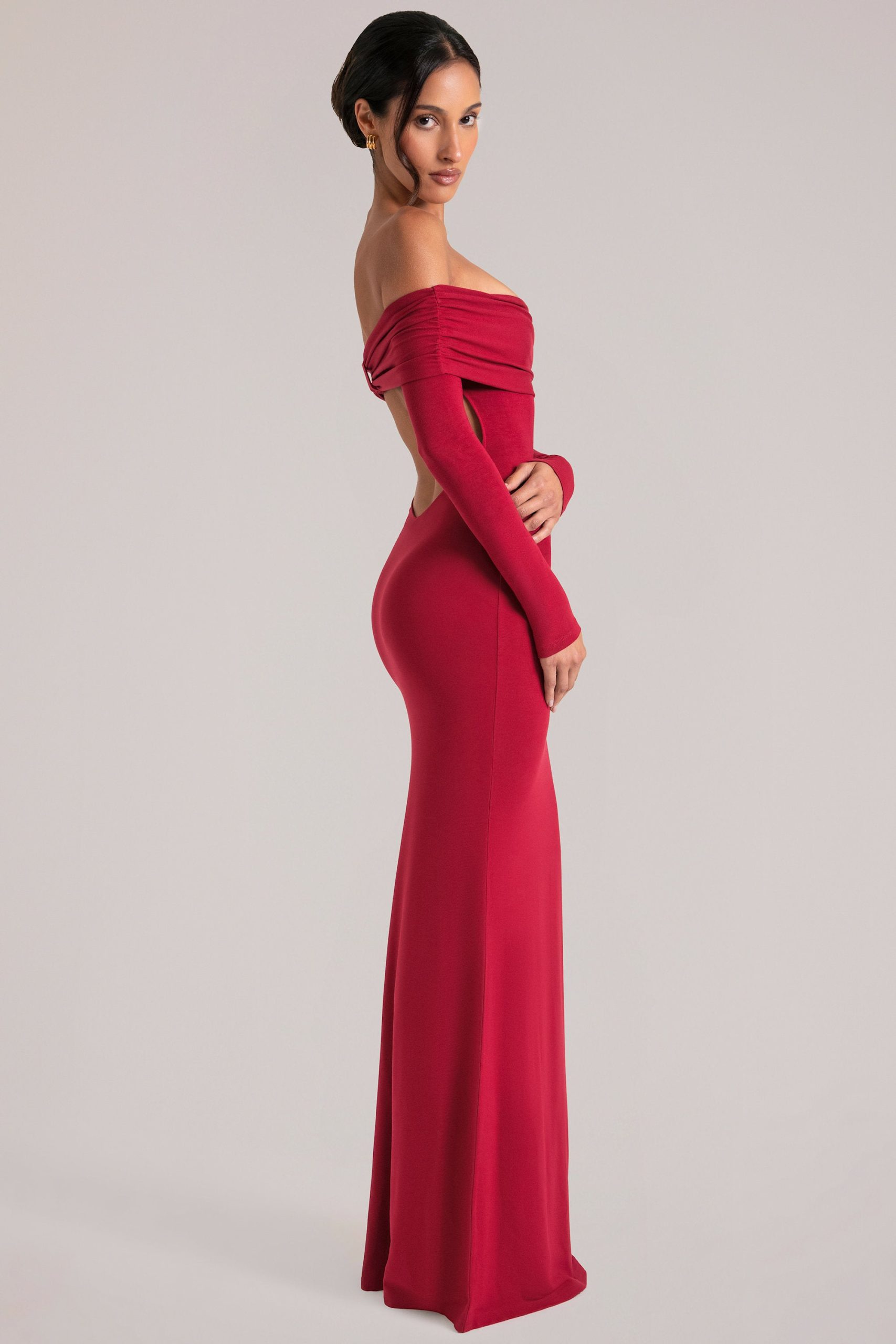Off-Shoulder Long-Sleeve Maxi Dress in Cherry Red - Image 10