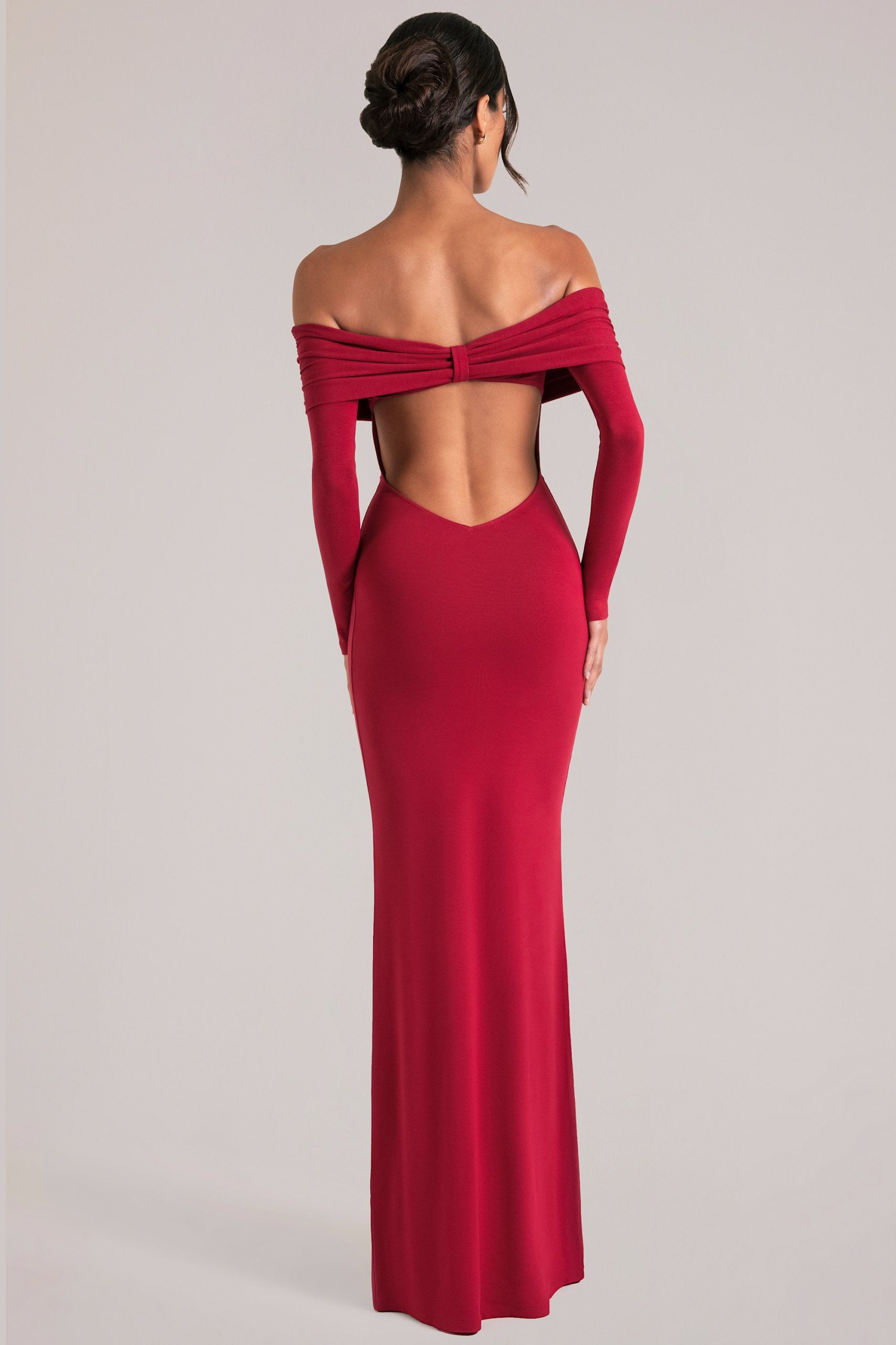 Off-Shoulder Long-Sleeve Maxi Dress in Cherry Red - Image 2