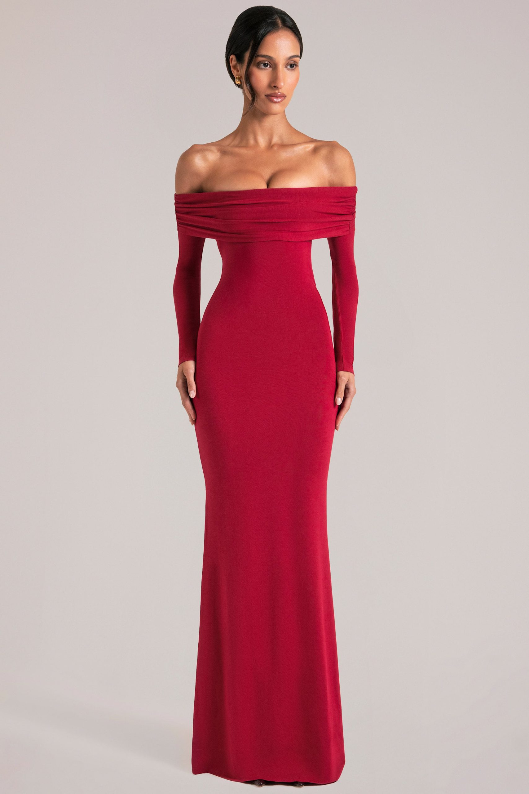 Off-Shoulder Long-Sleeve Maxi Dress in Cherry Red - Image 6