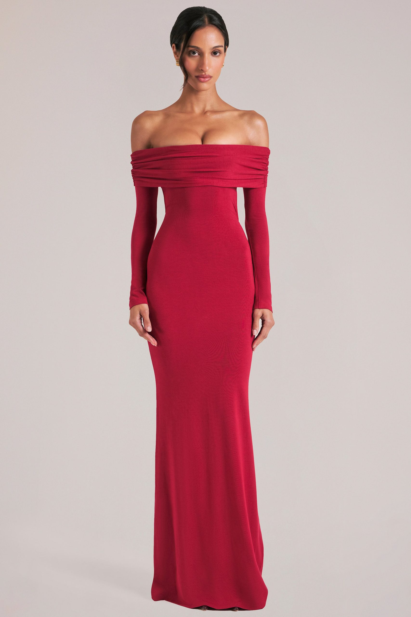 Off-Shoulder Long-Sleeve Maxi Dress in Cherry Red - Image 7