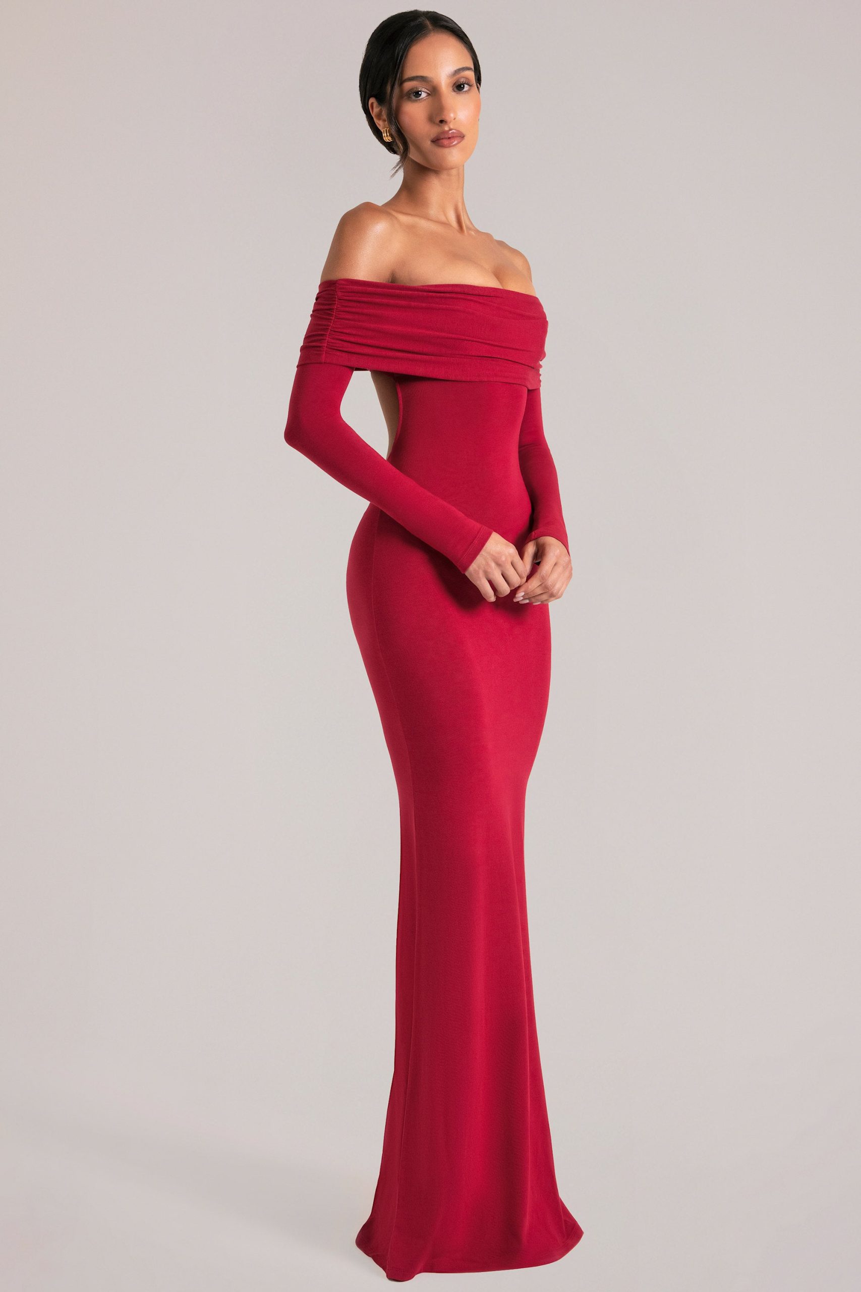 Off-Shoulder Long-Sleeve Maxi Dress in Cherry Red - Image 9