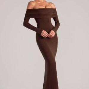 Off-Shoulder Long-Sleeve Maxi Dress in Chocolate Brown