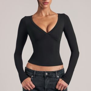 V-Neck Long-Sleeve Top  in Black