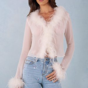 Feather Trim Sheer Top in Ivory