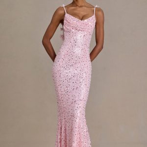 Premium Embellished Open-Back Maxi Dress in Baby Pink
