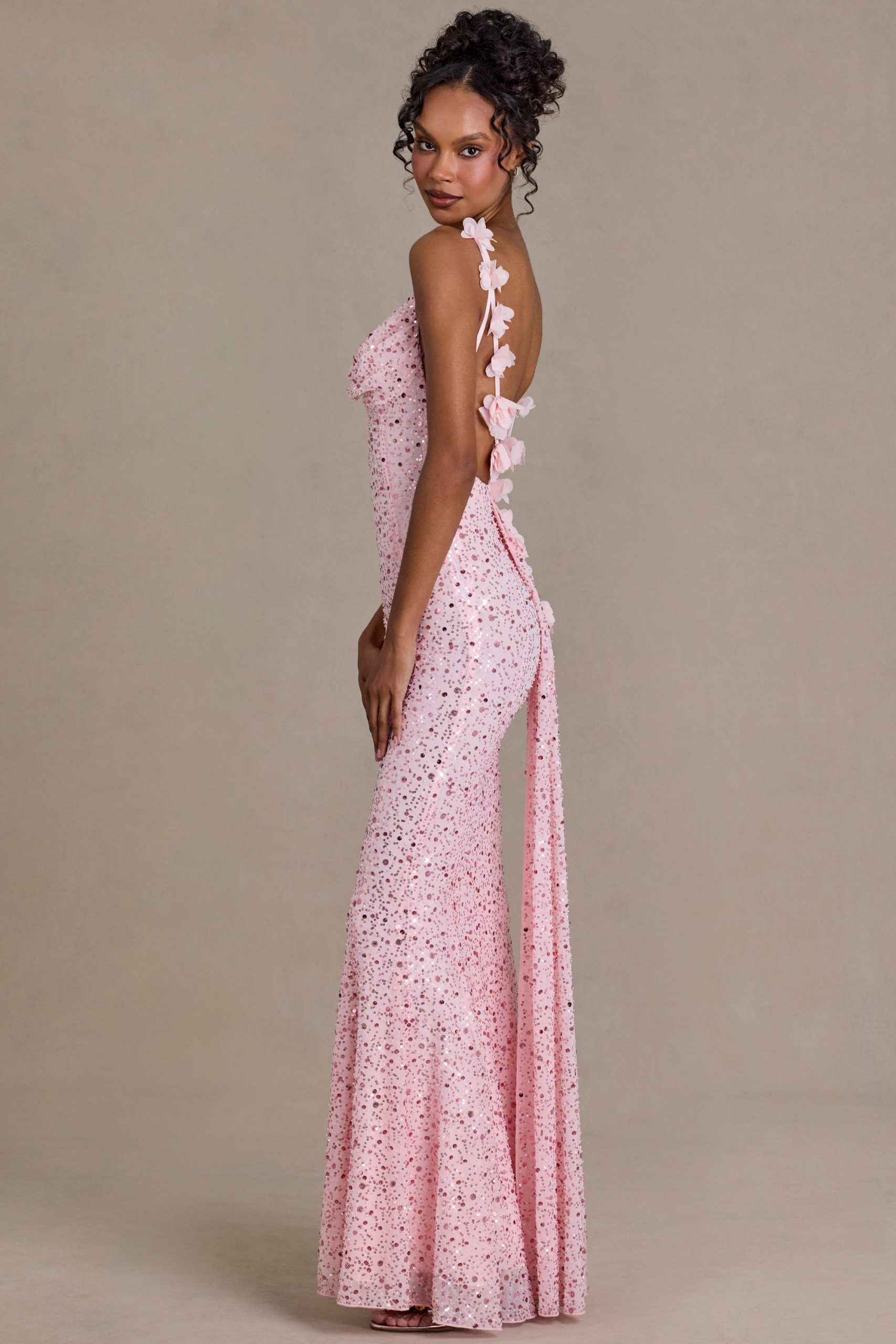 Premium Embellished Open-Back Maxi Dress in Baby Pink - Image 3