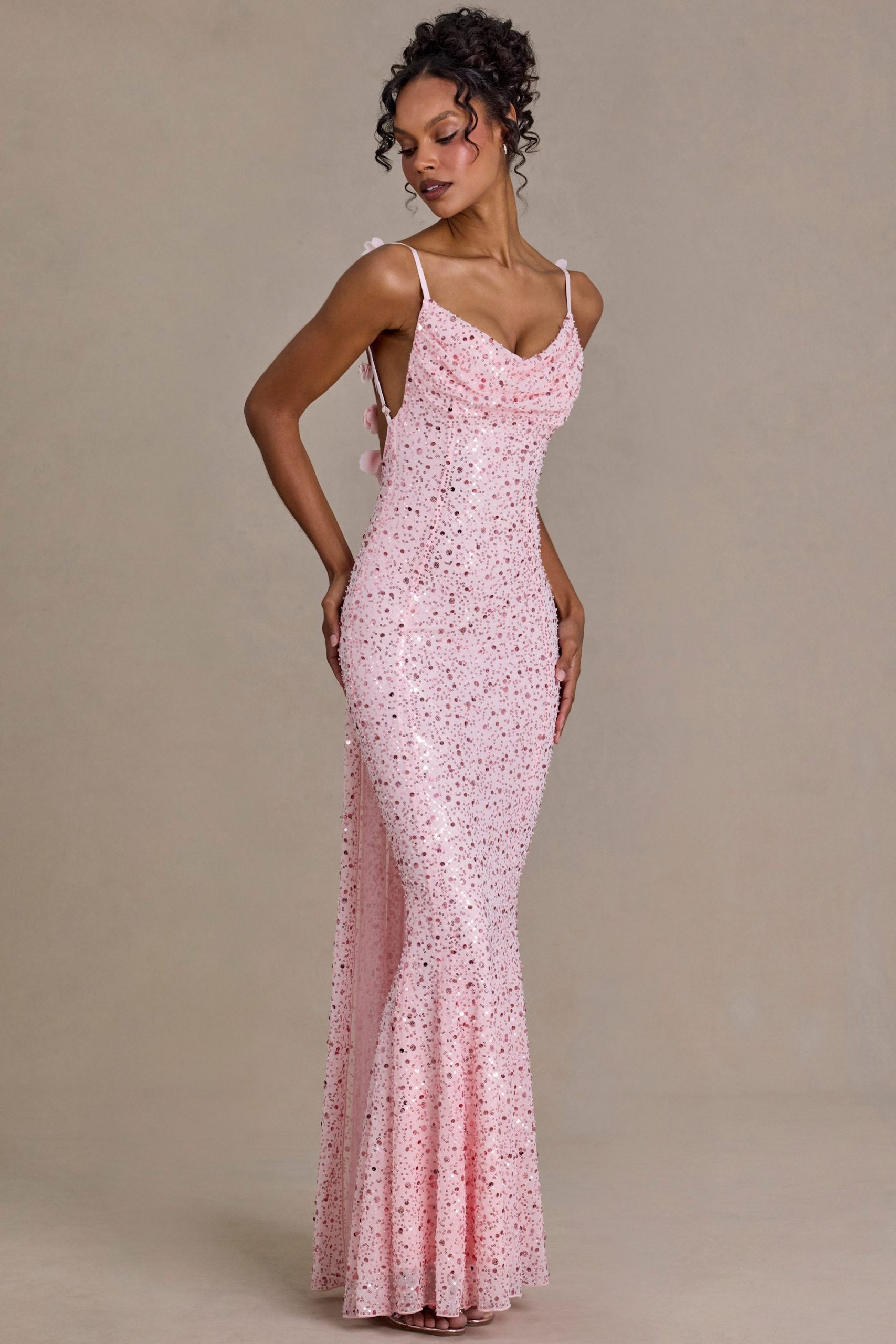 Premium Embellished Open-Back Maxi Dress in Baby Pink - Image 4