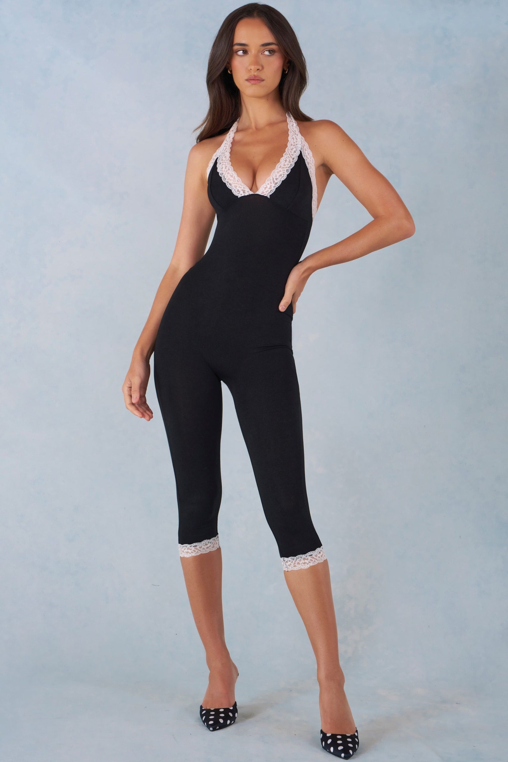 Modal Lace-Trim Capri Jumpsuit in Black - Image 8