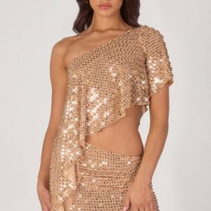 Embellished One-Shoulder Asymmetric Top in Gold