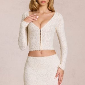 Lace Plunge Cardigan  in Ivory
