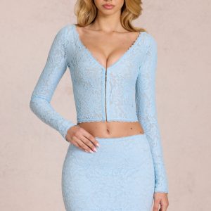 Lace Plunge Cardigan  in Powder Blue