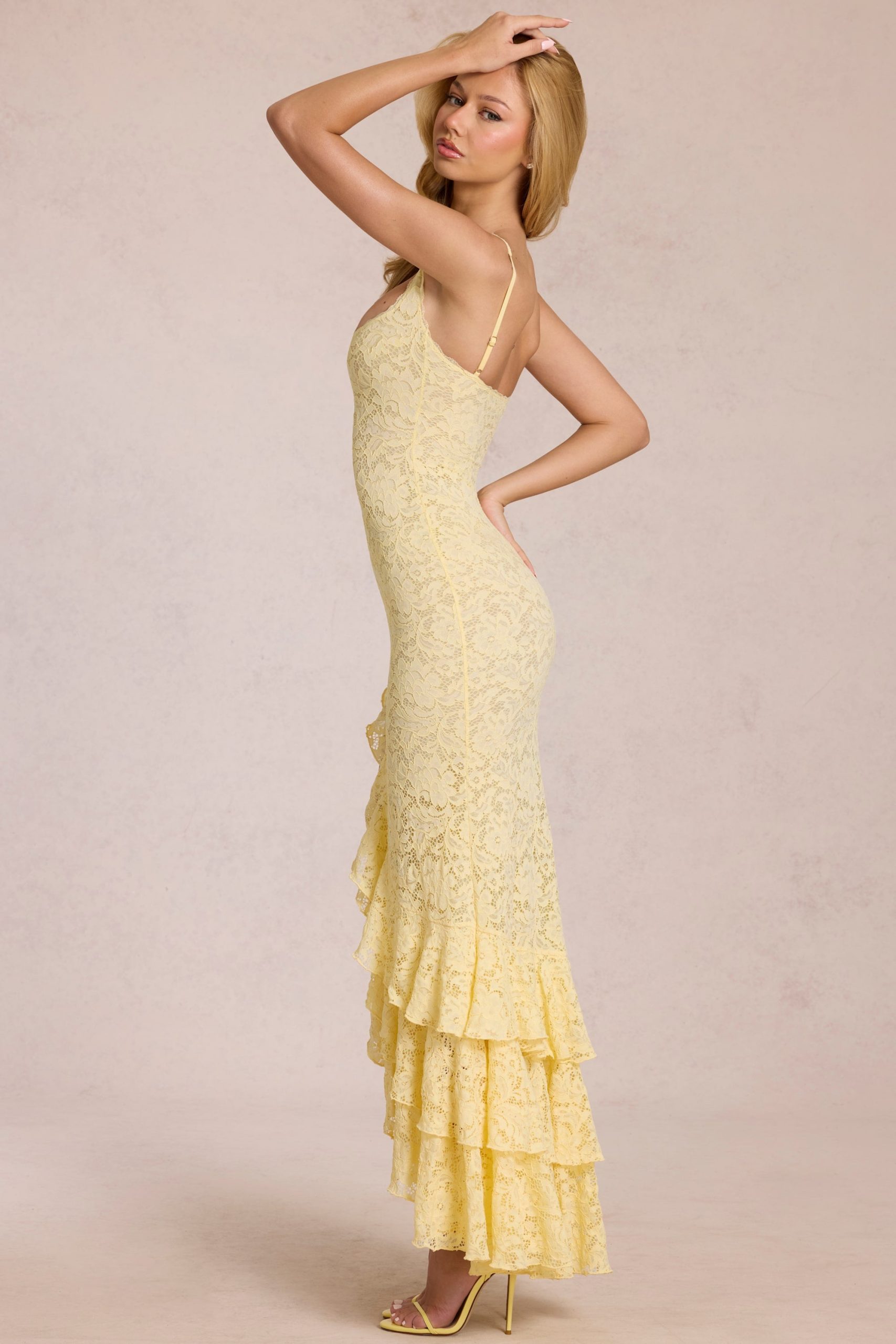 Lace Ruffle Maxi Dress in Lemon Yellow - Image 7