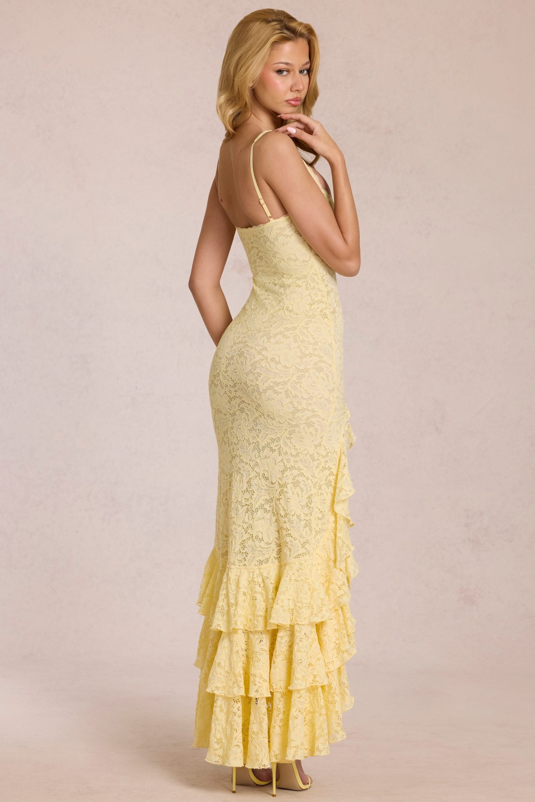 Lace Ruffle Maxi Dress in Lemon Yellow - Image 2