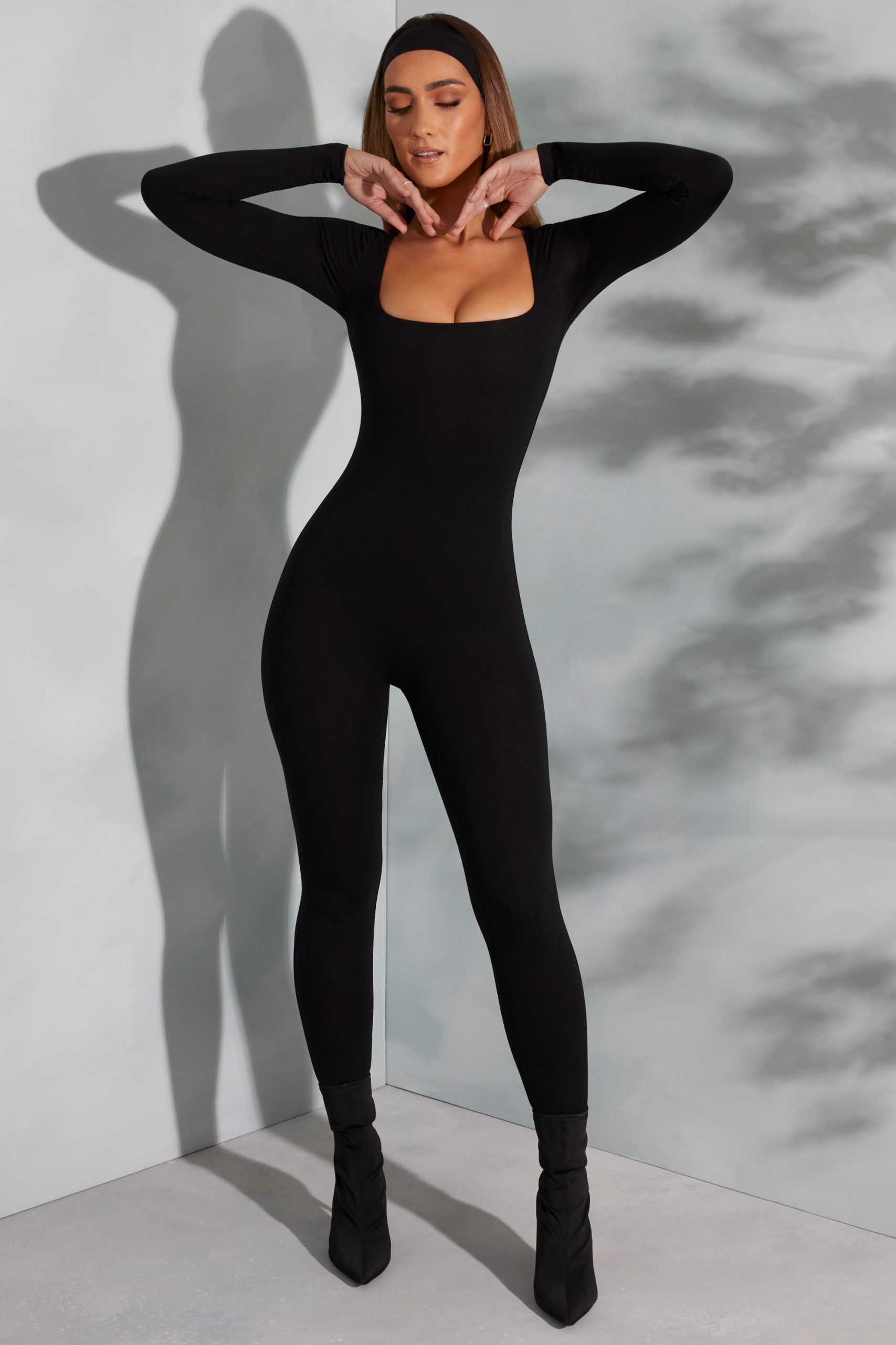 Square Neck Long Sleeve Jumpsuit in Black - Image 4