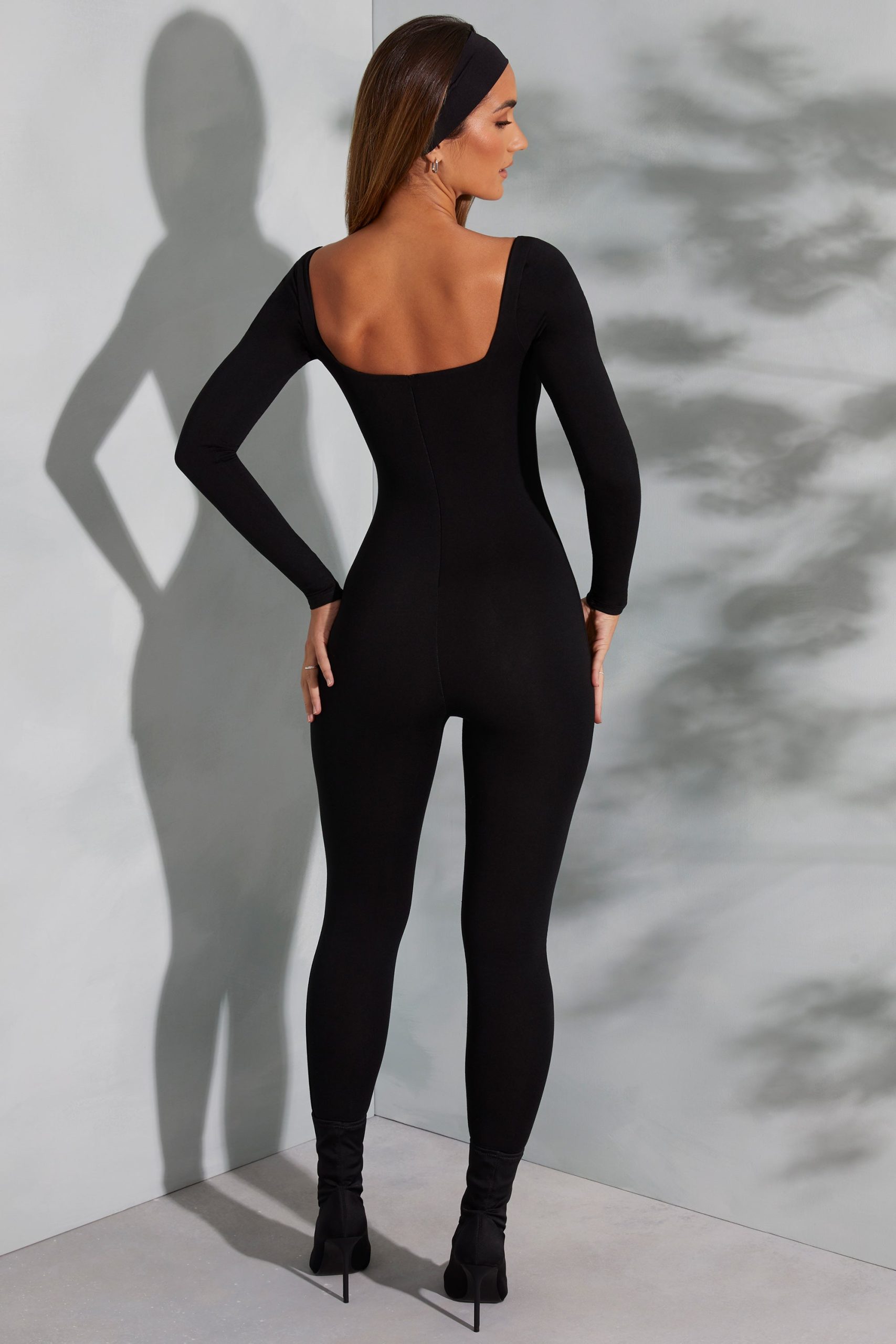 Square Neck Long Sleeve Jumpsuit in Black - Image 2