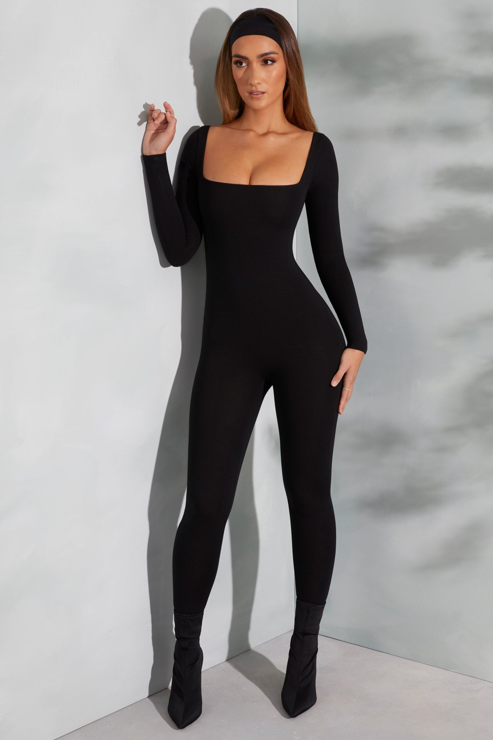 Square Neck Long Sleeve Jumpsuit in Black - Image 8
