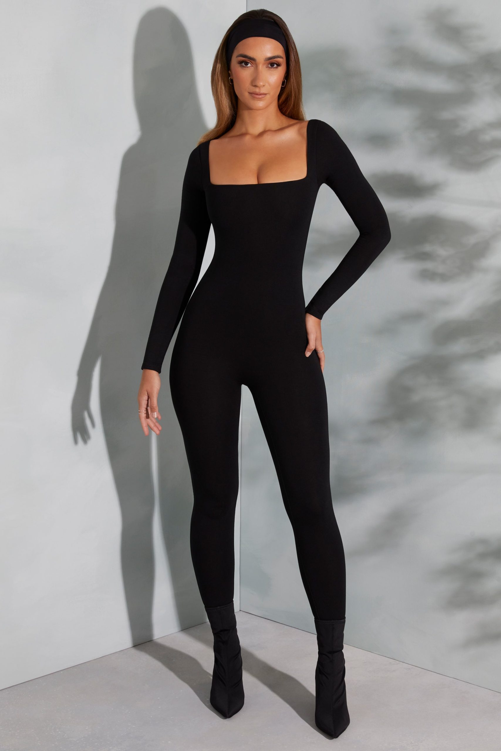 Square Neck Long Sleeve Jumpsuit in Black - Image 9
