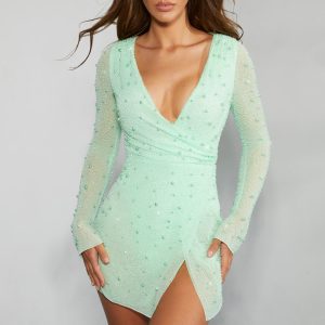 Embellished Wrap Over A-Line Mini Dress in Mint