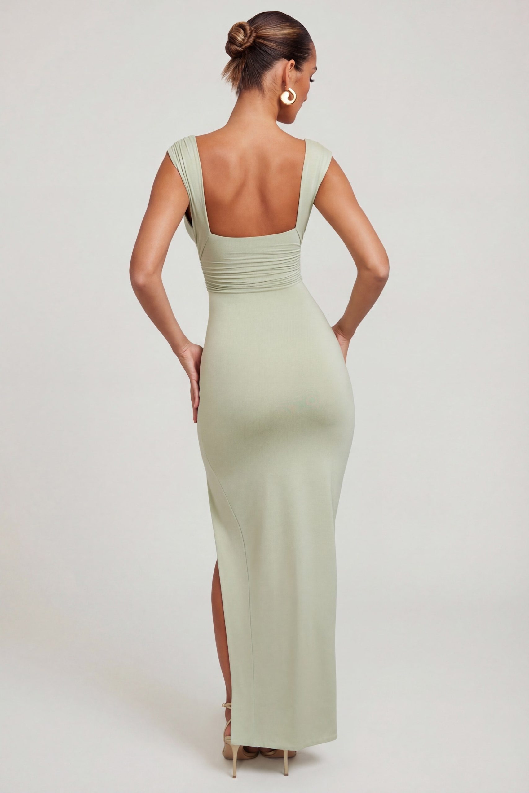 High Split Plunge Neck Maxi Dress in Sage - Image 3