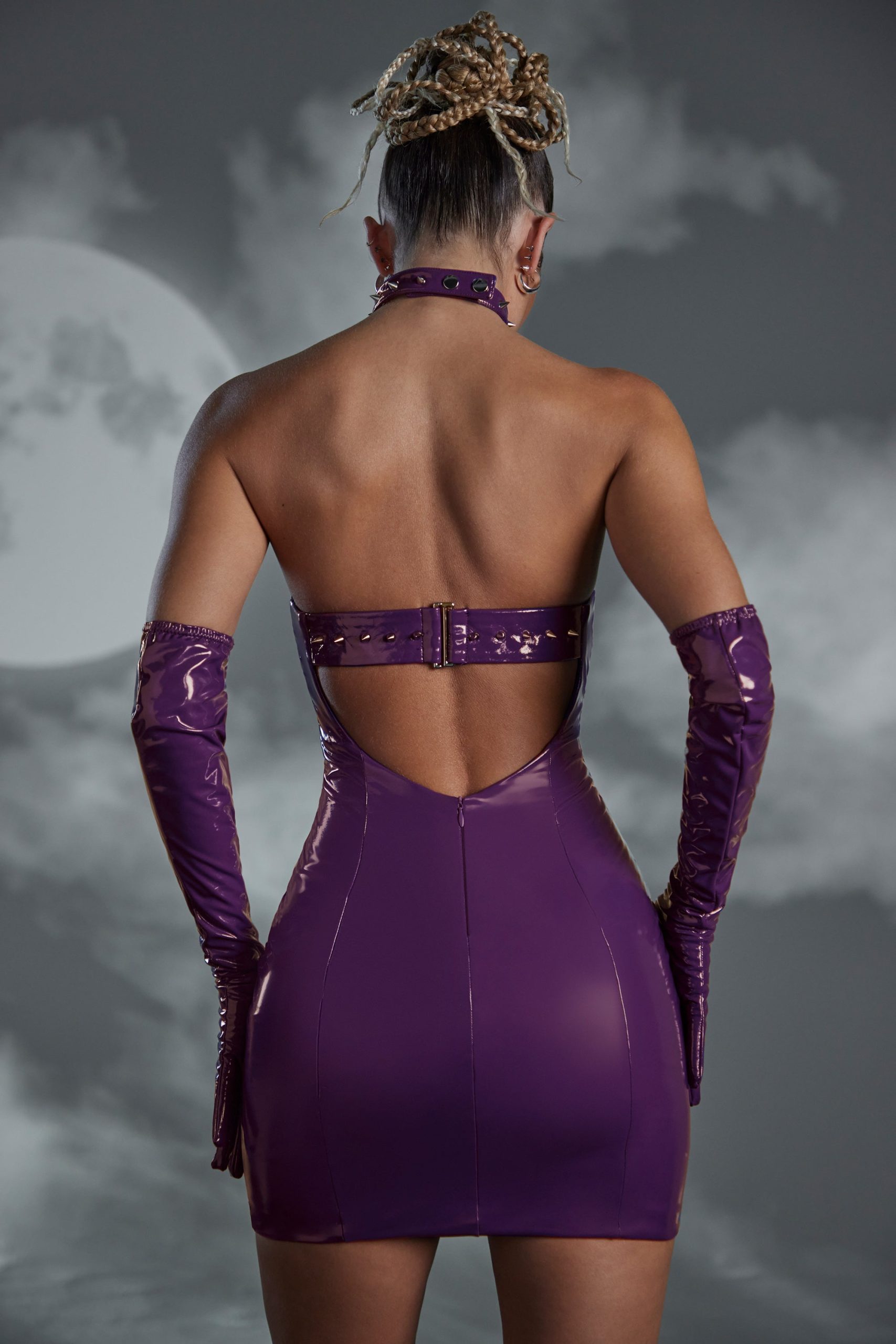 Studded Back Strap Vinyl Mini Dress in Purple - Image 2