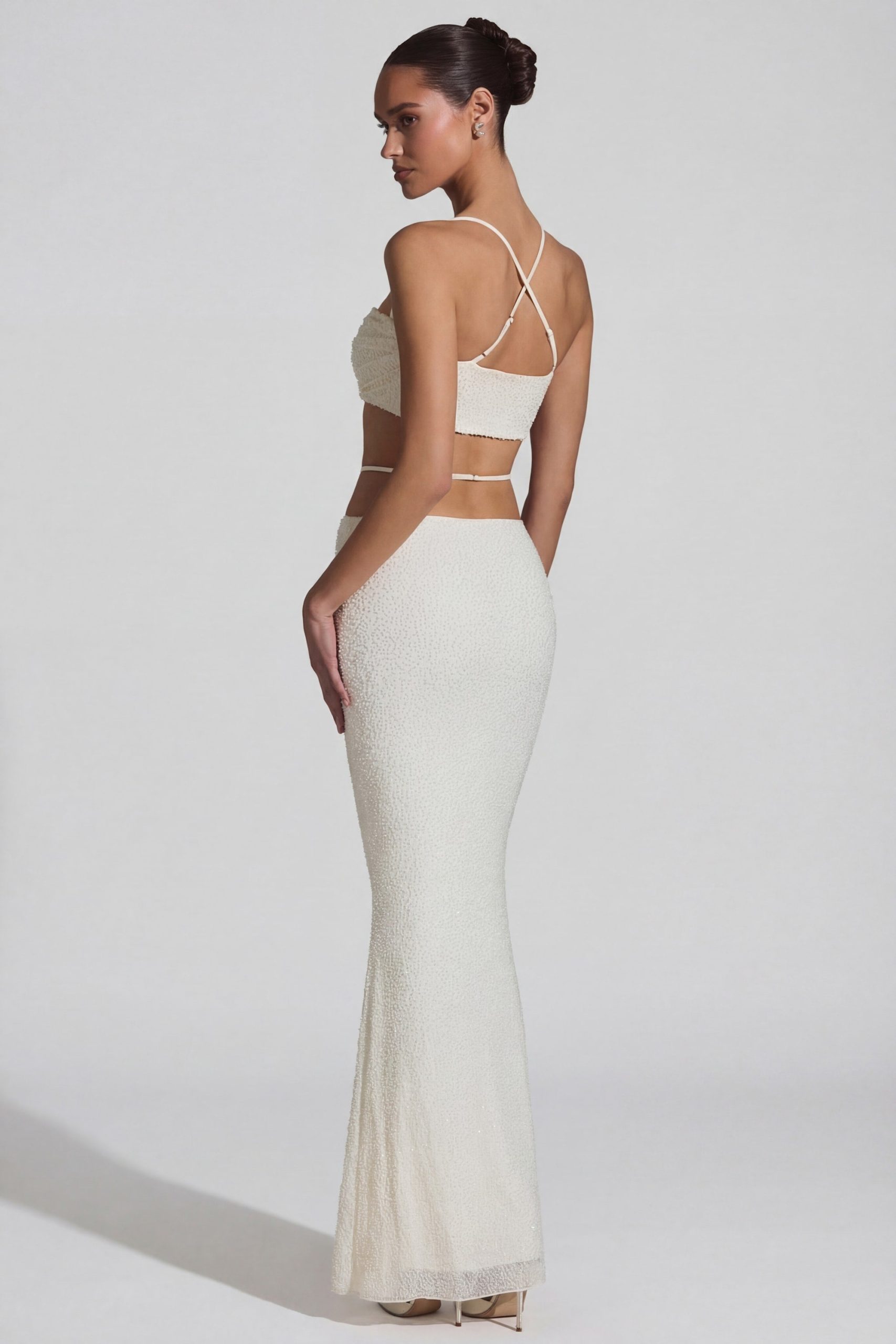 Embellished Cross Back Crop Top in White - Image 2