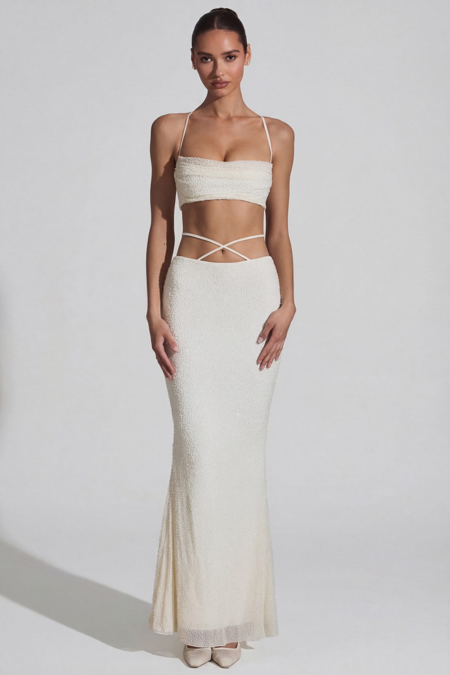 Embellished Cross Back Crop Top in White - Image 4