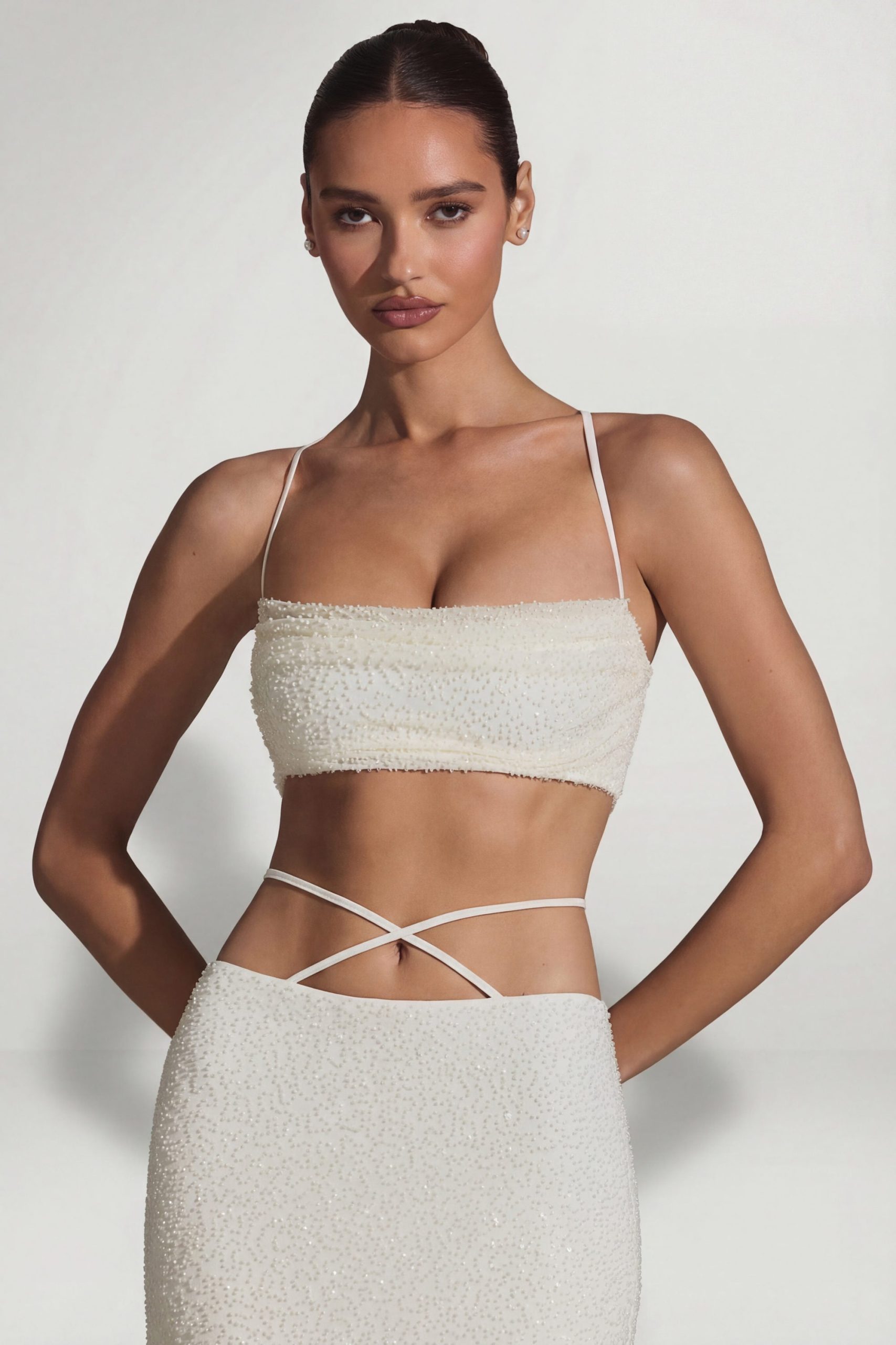 Embellished Cross Back Crop Top in White - Image 7
