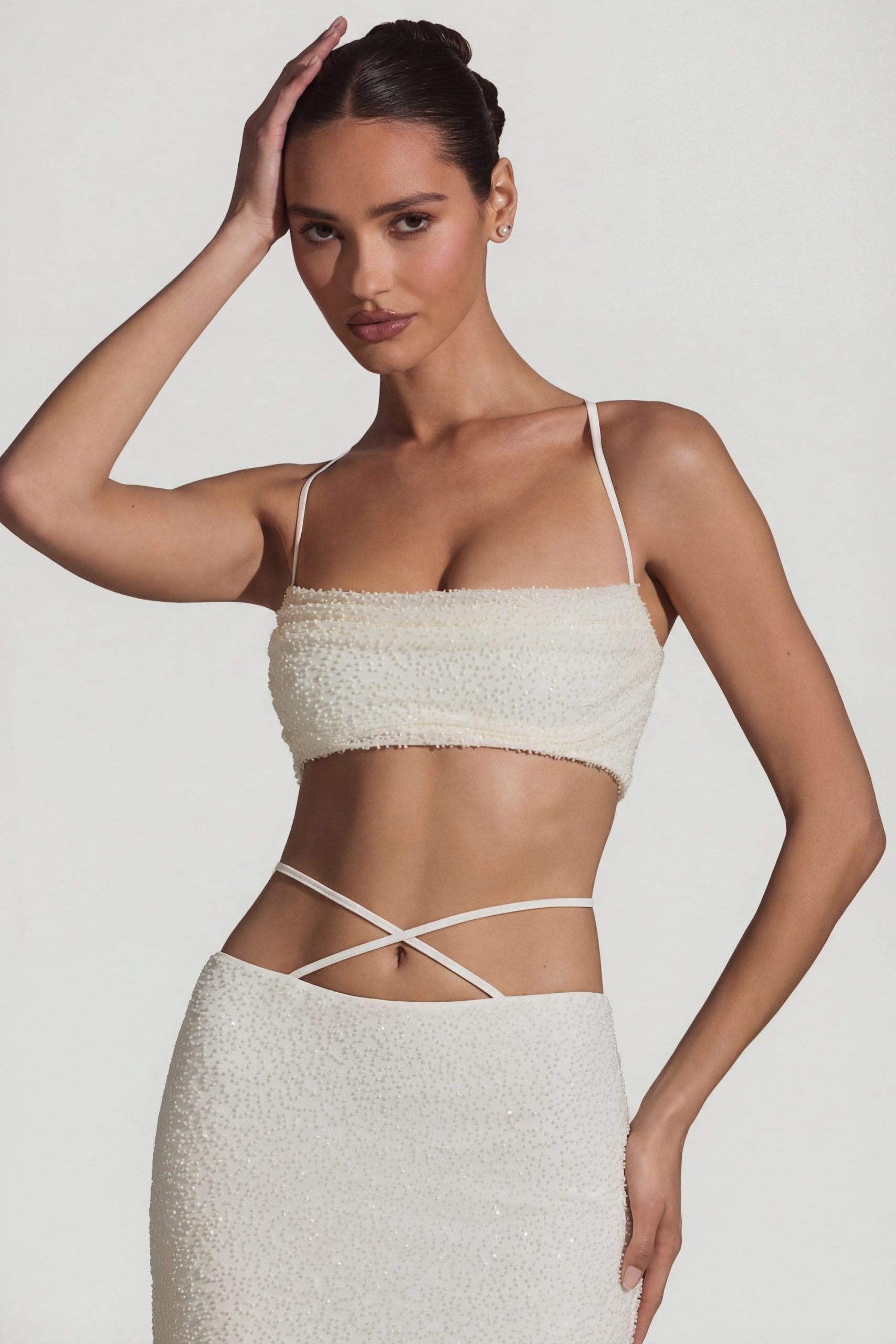 Embellished Cross Back Crop Top in White - Image 10