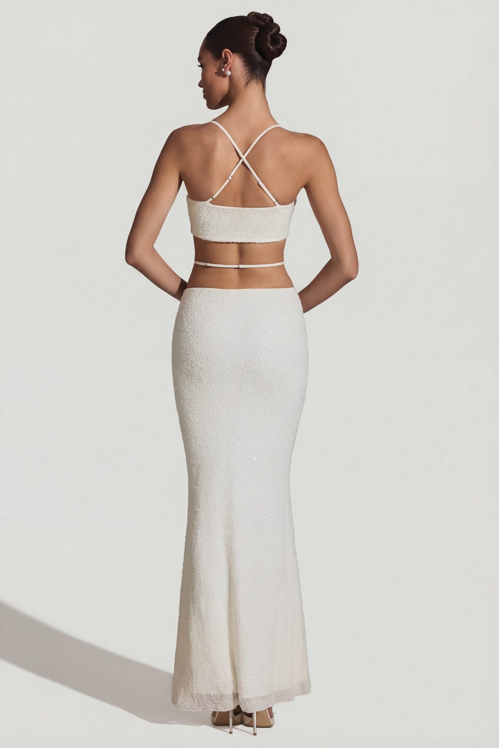 Embellished Cross Back Crop Top in White - Image 5