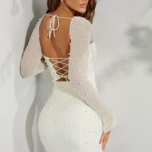 Long Sleeve Embellished Corset Mini Dress in Ivory