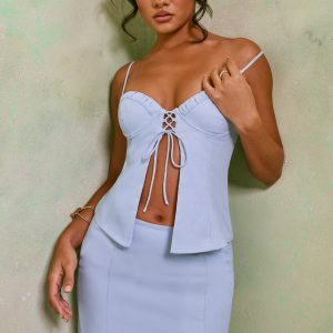 Mid Rise Linen Mini Skirt in Sky Grey