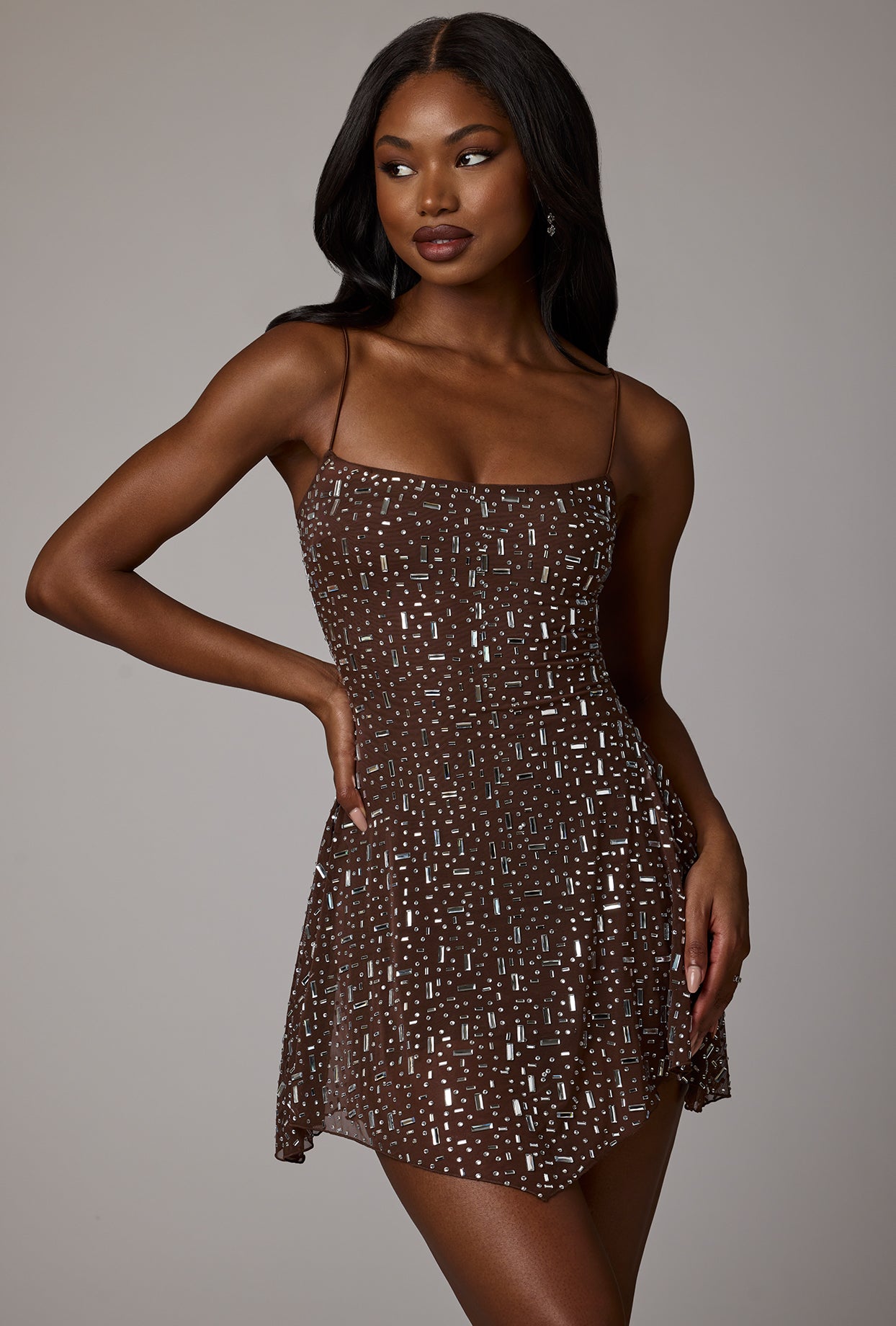Sheer Embellished Scoop Neck Mini Dress in Deep Cocoa - Image 9