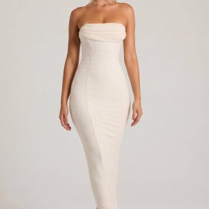 Embellished Bandeau Cowl Neck Maxi Dress in White
