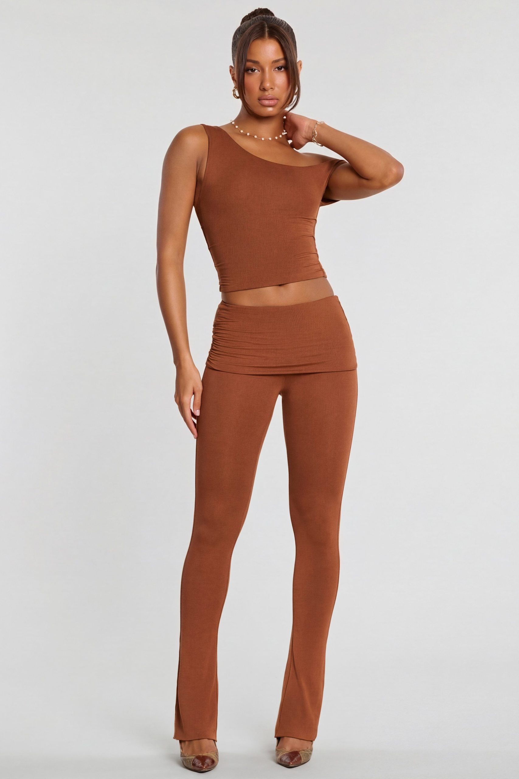 Mid Rise Modal Cashmere Blend Trousers in Chestnut Brown - Image 2