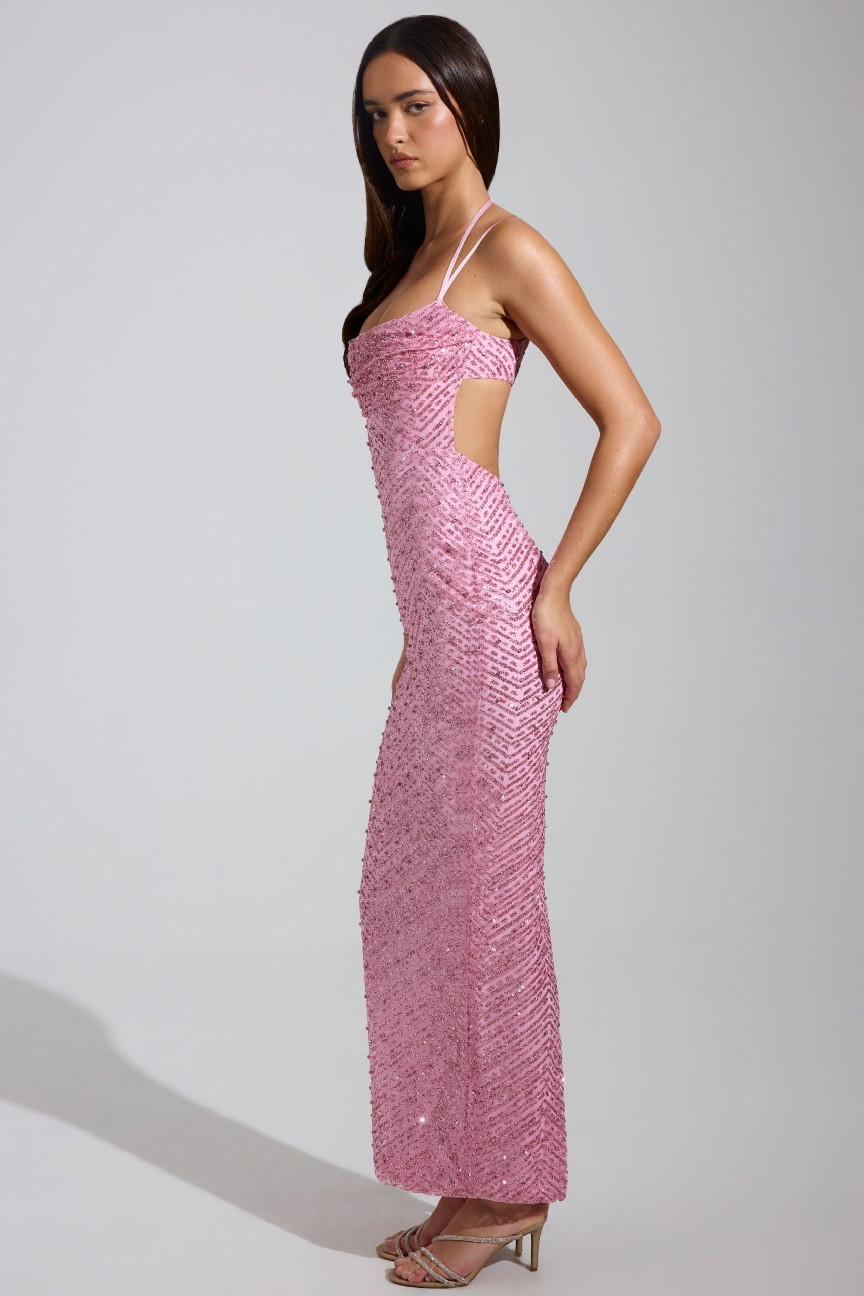 Embellished Cowl-Neck Maxi Dress in Pink - Image 3
