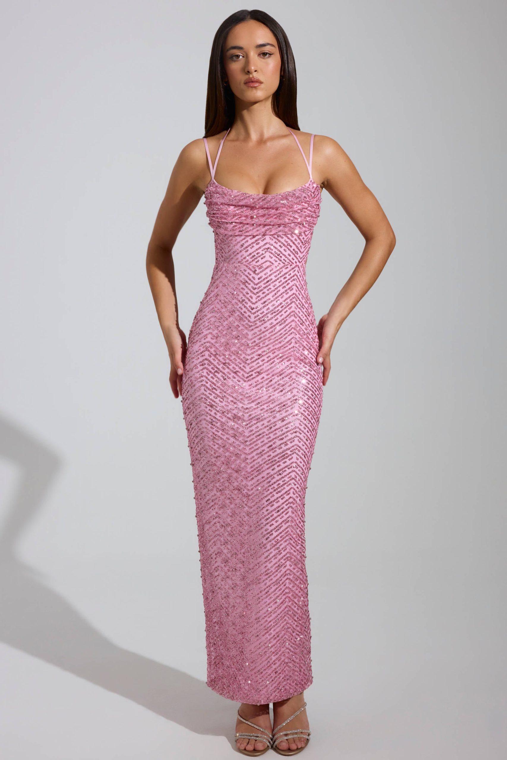 Embellished Cowl-Neck Maxi Dress in Pink - Image 5
